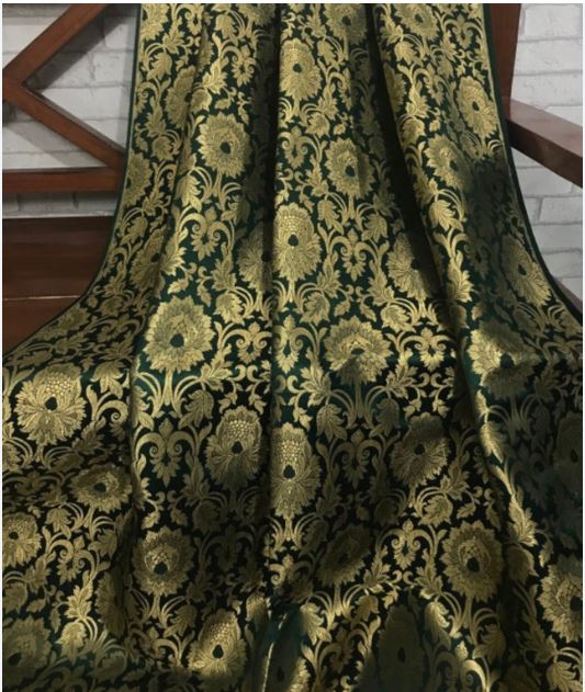 Indian Banarasi Brocade Fabric in Green and Gold color, Multiple lengths will come in the continuous piece - NF542