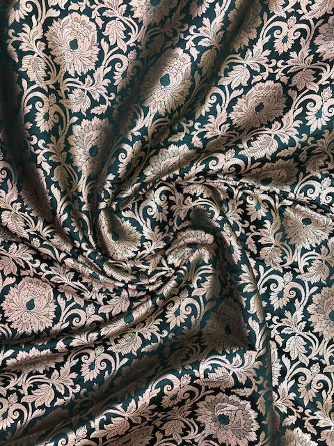 Banarasi Brocade Fabric, Green and Gold Wedding dress fabric, Rayon silk brocade, Renaissance fabric, Lace brocade, Vintage textile - NFAF542