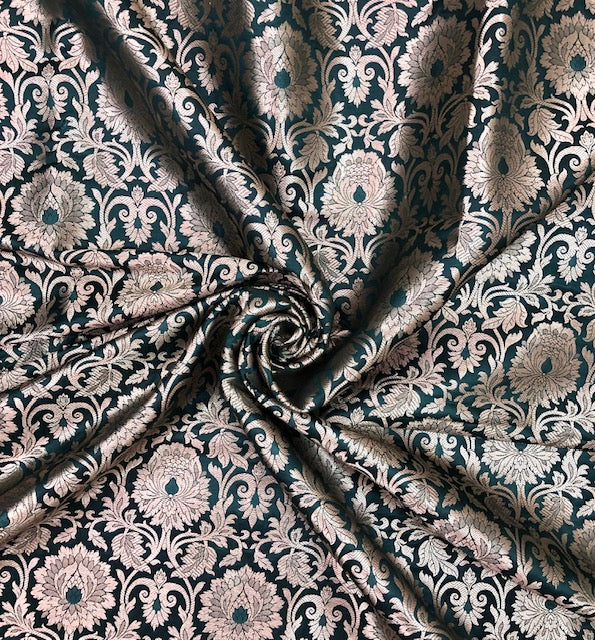 Banarasi Brocade Fabric, Green and Gold Wedding dress fabric, Rayon silk brocade, Renaissance fabric, Lace brocade, Vintage textile - NFAF542