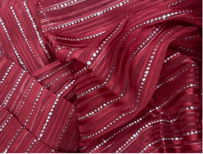 Embroidered Organza Sheer Fabric in Burgundy and Silver color, Multiple lengths will come in the continuous piece - NF54