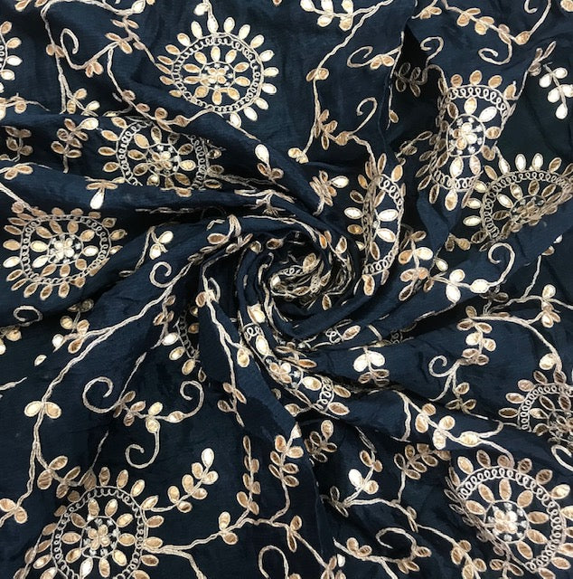 Indian Gota Patti Embroidered Chinon Chiffon Fabric in Blue and gold Color, Multiple lengths will come in the continuous piece - NF54D