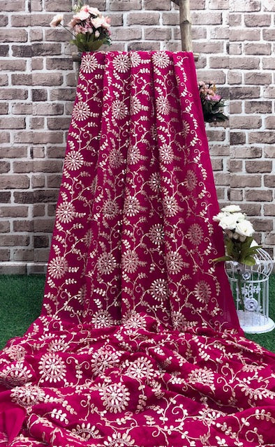 Indian Gota Patti Embroidered Chinon Chiffon Fabric in Fuchsia and gold Color, Multiple lengths will come in the continuous piece - NF54E