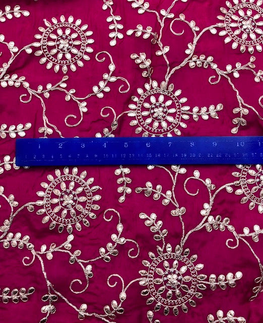 Indian Gota Patti Embroidered Chinon Chiffon Fabric in Fuchsia and gold Color, Multiple lengths will come in the continuous piece - NF54E