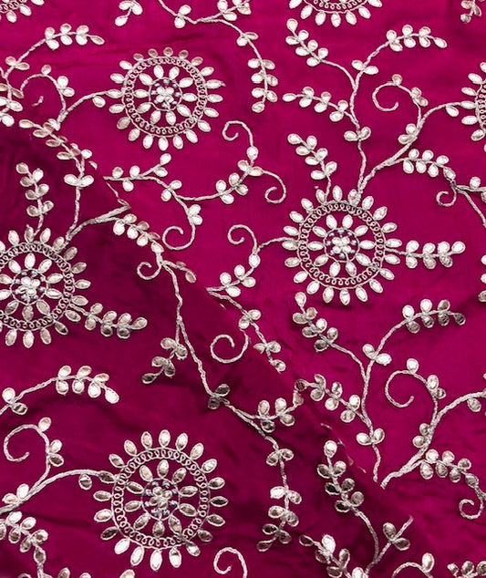 Indian Gota Patti Embroidered Chinon Chiffon Fabric in Fuchsia and gold Color, Multiple lengths will come in the continuous piece - NF54E