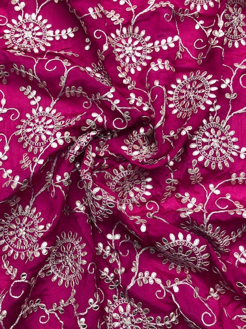 Indian Gota Patti Embroidered Chinon Chiffon Fabric in Fuchsia and gold Color, Multiple lengths will come in the continuous piece - NF54E