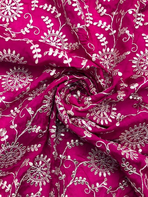 Indian Gota Patti Embroidered Chinon Chiffon Fabric in Fuchsia and gold Color, Multiple lengths will come in the continuous piece - NF54E