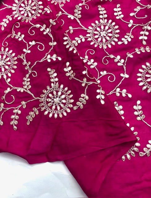 Indian Gota Patti Embroidered Chinon Chiffon Fabric in Fuchsia and gold Color, Multiple lengths will come in the continuous piece - NF54E