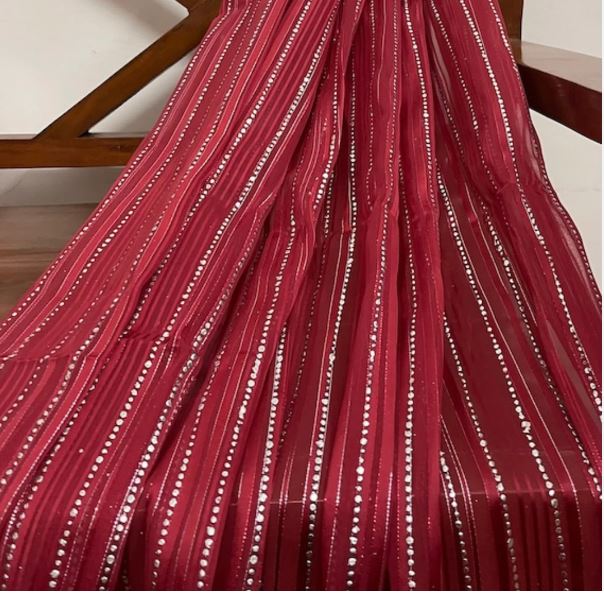 Embroidered Organza Sheer Fabric in Burgundy and Silver color, Multiple lengths will come in the continuous piece - NF54