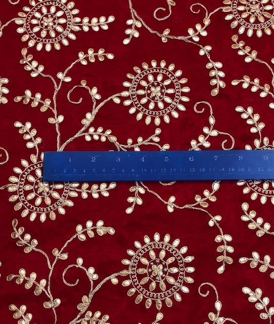 Indian Gota Patti Embroidered Chinon Chiffon Fabric in Red and gold Color, Multiple lengths will come in the continuous piece - NF54C