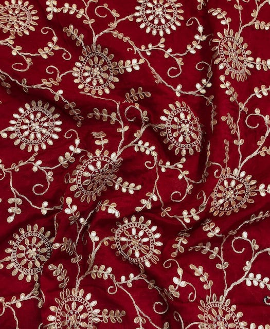 Indian Gota Patti Embroidered Chinon Chiffon Fabric in Red and gold Color, Multiple lengths will come in the continuous piece - NF54C