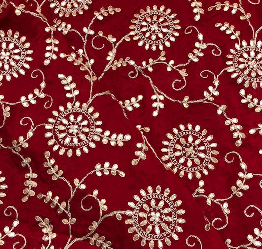 Indian Gota Patti Embroidered Chinon Chiffon Fabric in Red and gold Color, Multiple lengths will come in the continuous piece - NF54C