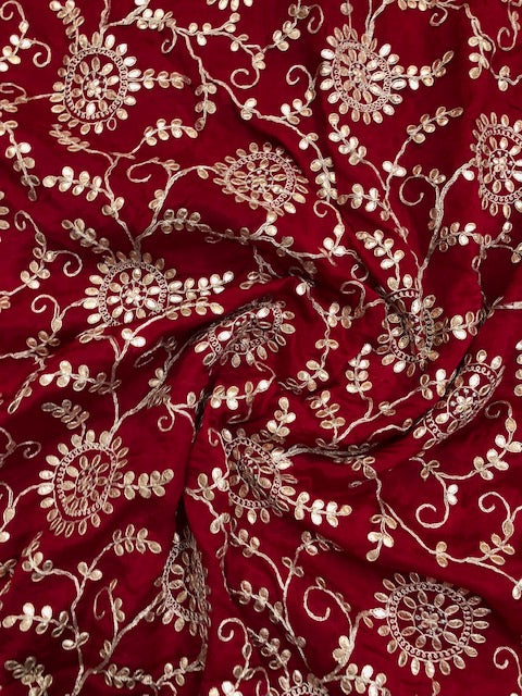 Indian Gota Patti Embroidered Chinon Chiffon Fabric in Red and gold Color, Multiple lengths will come in the continuous piece - NF54C