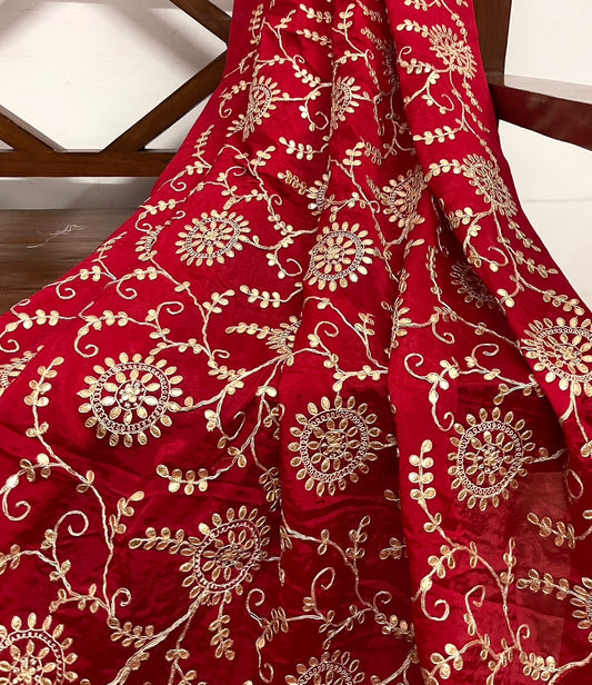 Embroidered fabric, Chinon Chiffon Fabric, Red gold Gota patti fabric, Gold flower, Wedding dress, Luxury fabric, Embroidery art - NFAF54C