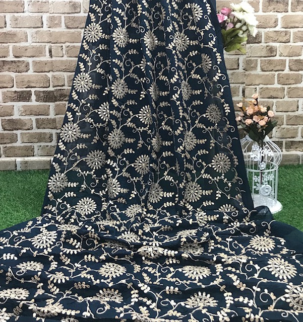 Indian Gota Patti Embroidered Chinon Chiffon Fabric in Blue and gold Color, Multiple lengths will come in the continuous piece - NF54D