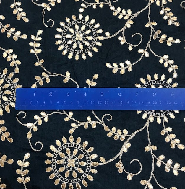 Indian Gota Patti Embroidered Chinon Chiffon Fabric in Blue and gold Color, Multiple lengths will come in the continuous piece - NF54D