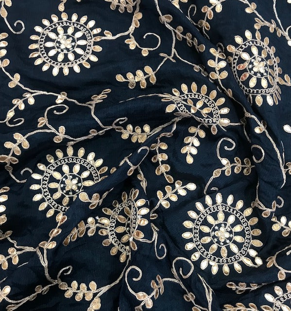 Indian Gota Patti Embroidered Chinon Chiffon Fabric in Blue and gold Color, Multiple lengths will come in the continuous piece - NF54D