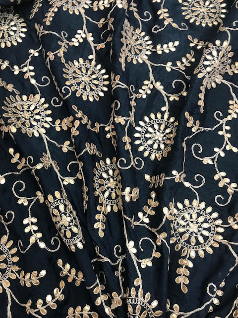 Indian Gota Patti Embroidered Chinon Chiffon Fabric in Blue and gold Color, Multiple lengths will come in the continuous piece - NF54D