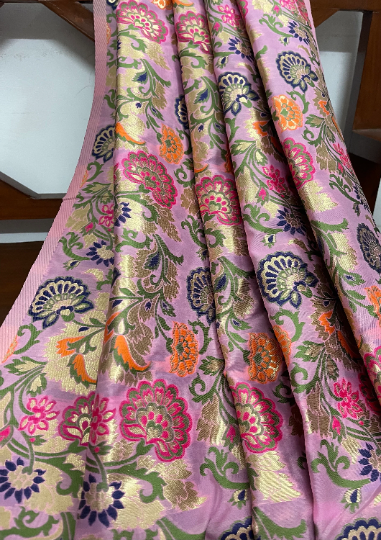 Indian Banarasi Brocade Fabric in Pink and Green color, Multiple lengths will come in the continuous piece - NF552