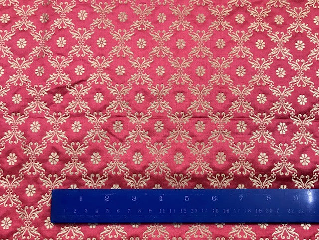 Indian Banarasi Brocade fabric Coral Red and Gold Color, Multiple lengths will come in the continuous piece - NF554