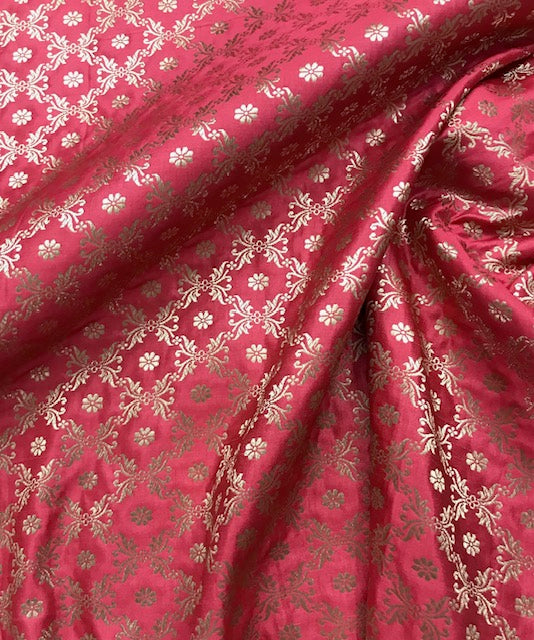 Indian Banarasi Brocade fabric Coral Red and Gold Color, Multiple lengths will come in the continuous piece - NF554