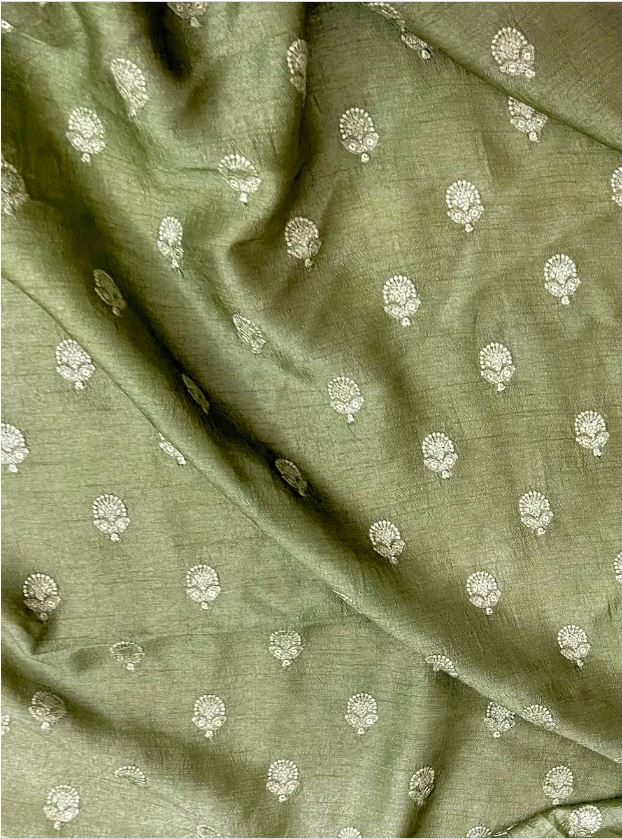 Indian Embroidered Viscose Silk Fabric in Green and Gold Color,  Multiple lengths will come in the continuous piece - NF556