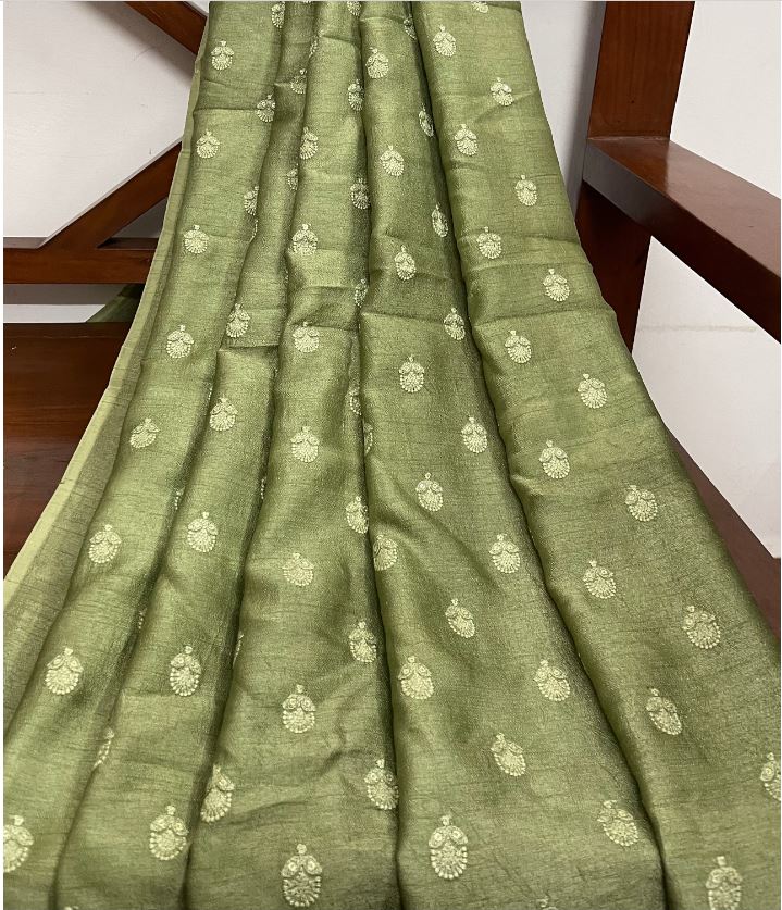 Indian Embroidered Viscose Silk Fabric in Green and Gold Color,  Multiple lengths will come in the continuous piece - NF556