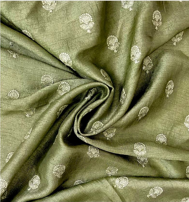 Indian Embroidered Viscose Silk Fabric in Green and Gold Color,  Multiple lengths will come in the continuous piece - NF556