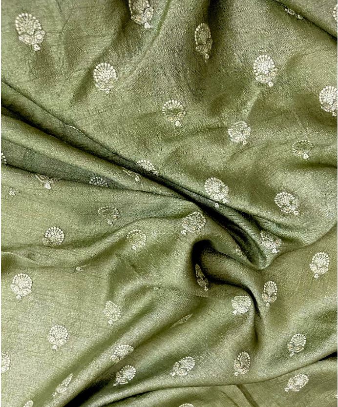 Indian Embroidered Viscose Silk Fabric in Green and Gold Color,  Multiple lengths will come in the continuous piece - NF556