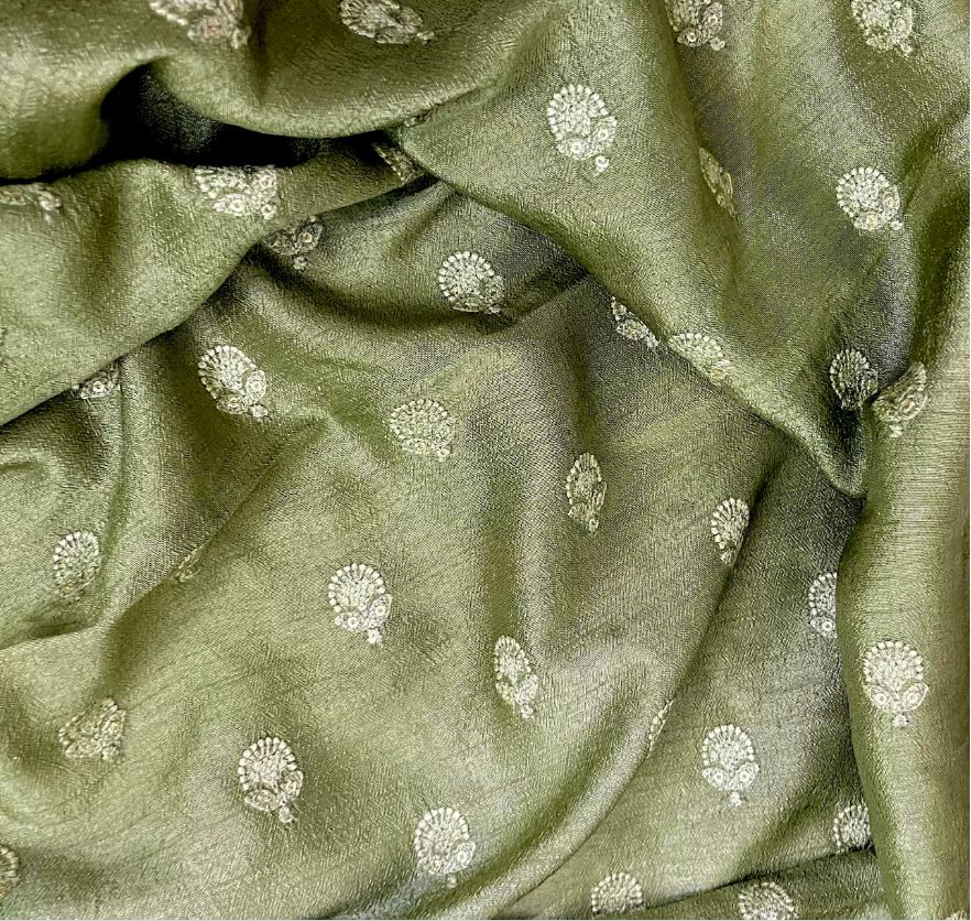 Indian Embroidered Viscose Silk Fabric in Green and Gold Color,  Multiple lengths will come in the continuous piece - NF556