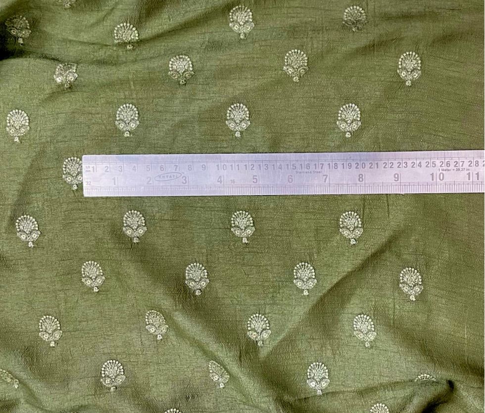 Indian Embroidered Viscose Silk Fabric in Green and Gold Color,  Multiple lengths will come in the continuous piece - NF556