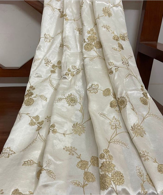 Mashroo Silk Fabric, Gold Embroidery cotton silk in Off White color, Multiple lengths will come in the continuous Piece - NF565