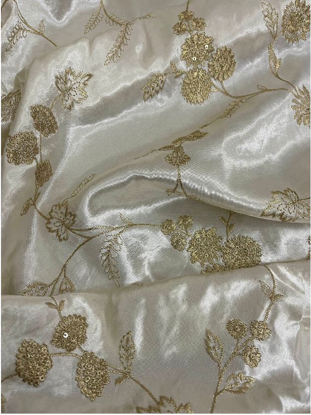 Mashroo Silk Fabric, Gold Embroidery cotton silk in Off White color, Multiple lengths will come in the continuous Piece - NF565