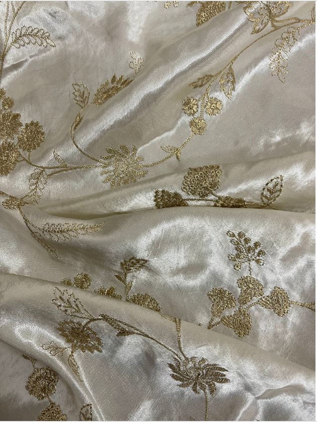 Mashroo Silk Fabric, Gold Embroidery cotton silk in Off White color, Multiple lengths will come in the continuous Piece - NF565