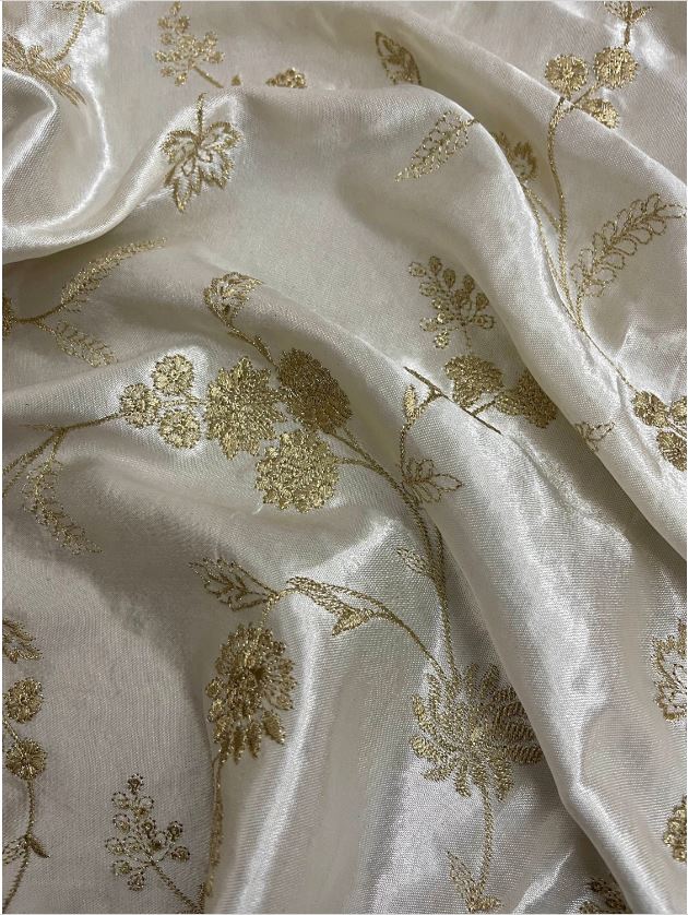 Mashroo Silk Fabric, Gold Embroidery cotton silk in Off White color, Multiple lengths will come in the continuous Piece - NF565