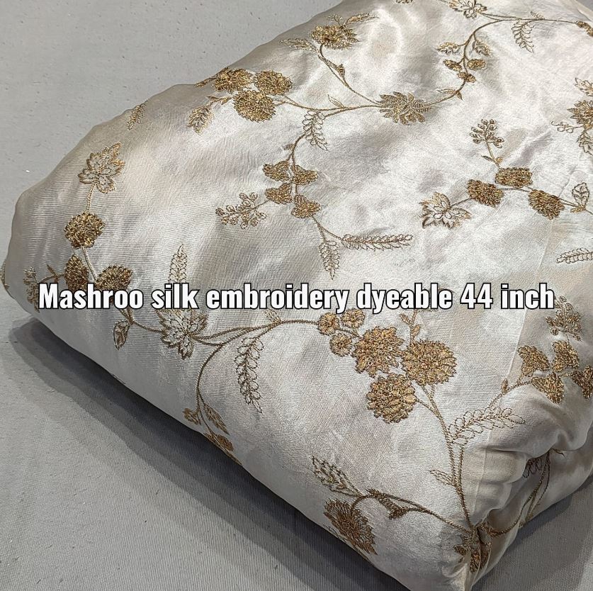 Mashroo Silk Fabric, Gold Embroidery cotton silk in Off White color, Multiple lengths will come in the continuous Piece - NF565