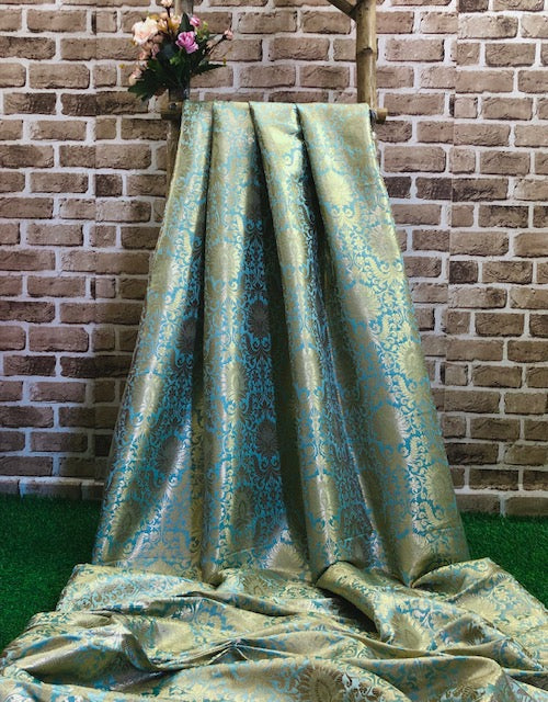 Indian Banarasi Brocade fabric in Grayish blue & Gold color, Multiple lengths will come in the continuous piece - NF587