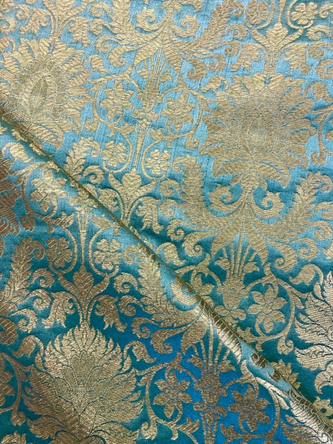 Indian Banarasi Brocade fabric in Grayish blue & Gold color, Multiple lengths will come in the continuous piece - NF587