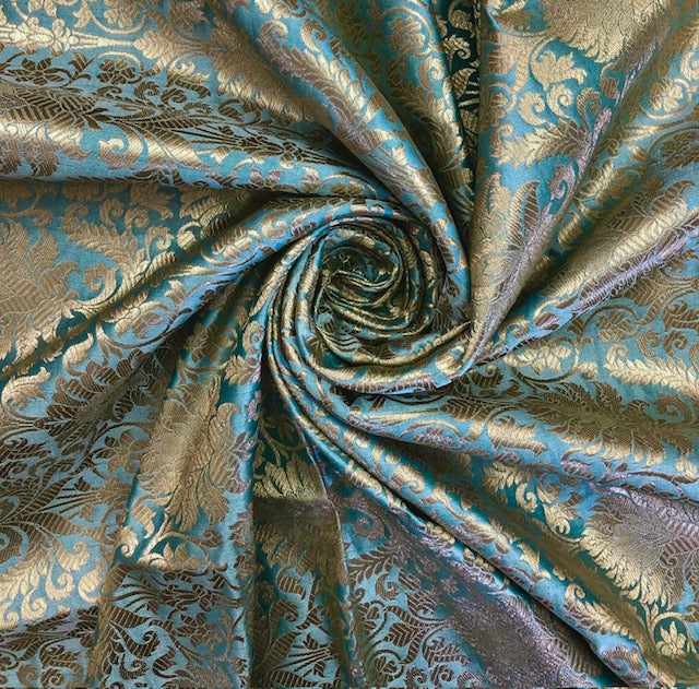 Indian Banarasi Brocade fabric in Grayish blue & Gold color, Multiple lengths will come in the continuous piece - NF587