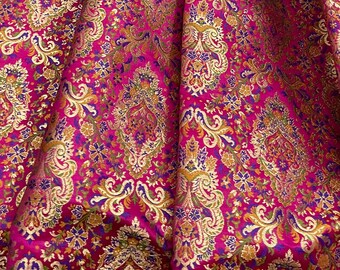 Indian Banarasi Brocade fabric in Pink and Gold color, Multiple lengths will come in the continuous piece - NF592