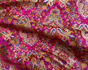 Indian Banarasi Brocade fabric in Pink and Gold color, Multiple lengths will come in the continuous piece - NF592