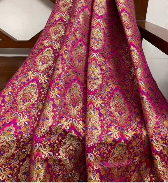 Indian Banarasi Brocade fabric in Pink and Gold color, Multiple lengths will come in the continuous piece - NF592