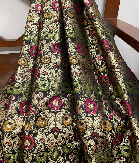 Indian Banarasi Brocade Fabric in Black and Gold color, Multiple lengths will come in the continuous piece - NF595