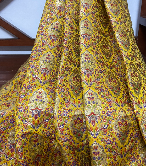 Indian Banarasi Brocade Fabric in Yellow and Gold color, Multiple lengths will come in the continuous piece - NF598