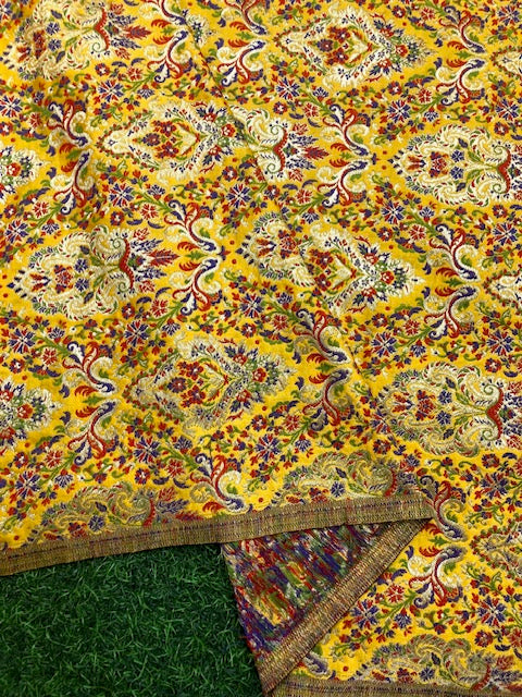 Indian Banarasi Brocade Fabric in Yellow and Gold color, Multiple lengths will come in the continuous piece - NF598