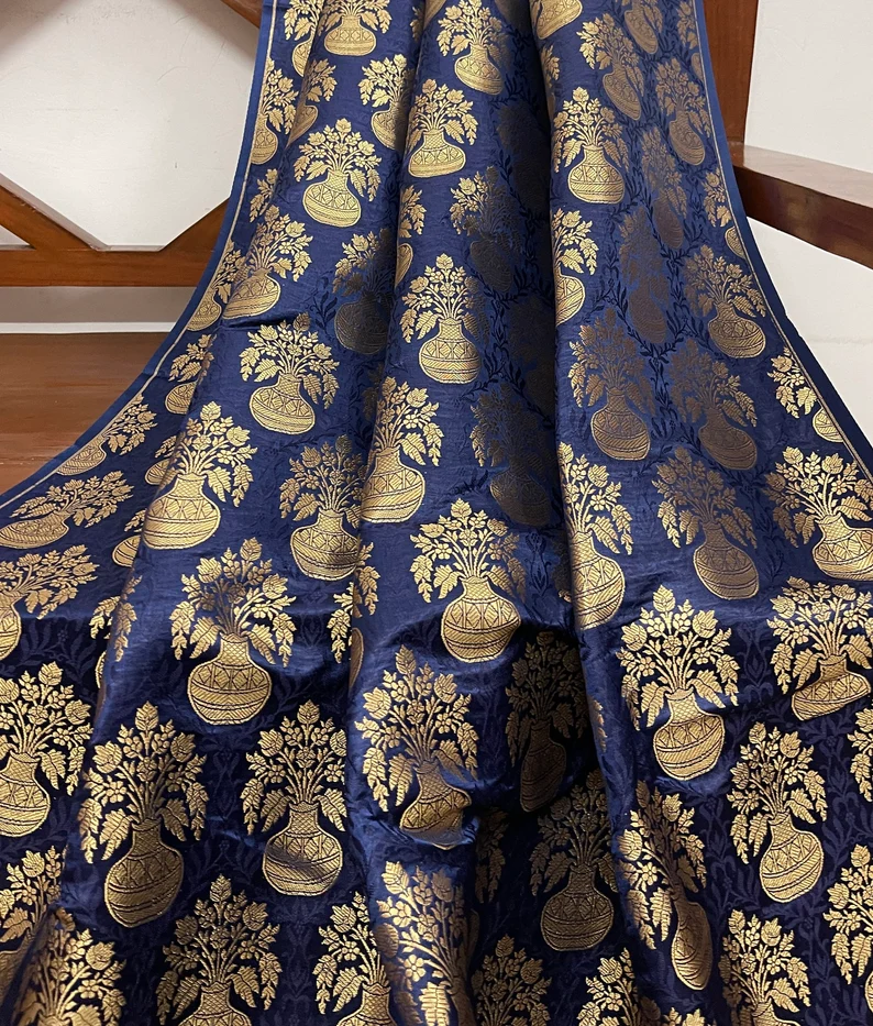 Indian Banarasi Brocade Fabric in Navy Blue and Gold Color, Multiple lengths will come in the continuous piece - NF60