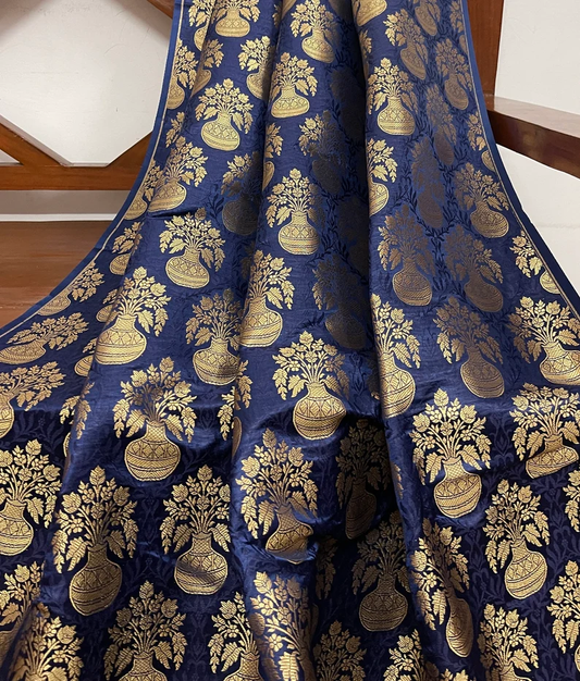Brocade fabric Navy Blue Gold Jacquard brocade fabric Indian Lehenga Dress fabric Wedding dress Bridal fabric Brocade by the yard - NFAF60