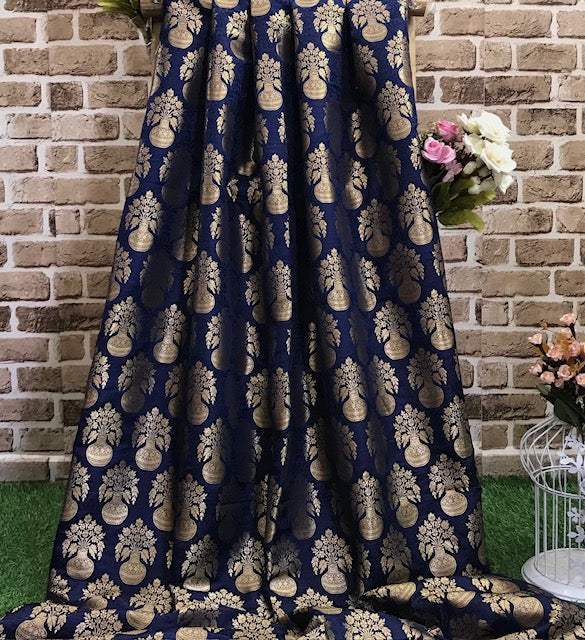 Indian Banarasi Brocade Fabric in Navy Blue and Gold Color, Multiple lengths will come in the continuous piece - NF60