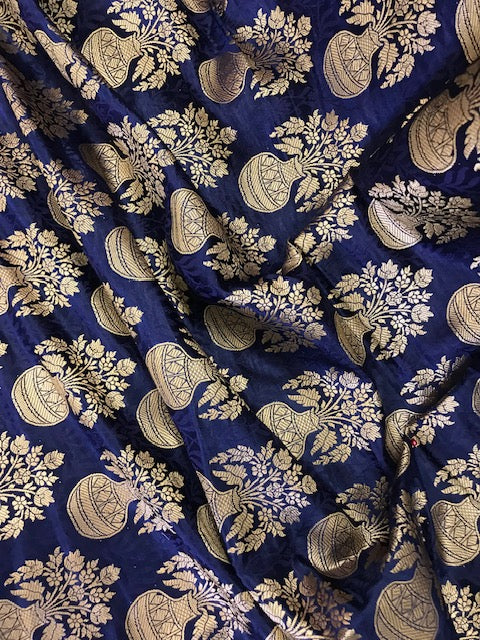 Indian Banarasi Brocade Fabric in Navy Blue and Gold Color, Multiple lengths will come in the continuous piece - NF60