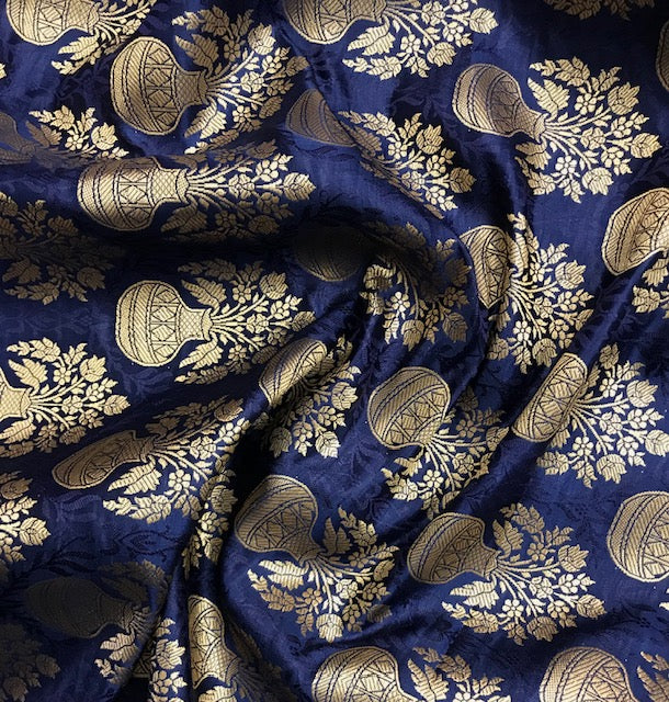 Indian Banarasi Brocade Fabric in Navy Blue and Gold Color, Multiple lengths will come in the continuous piece - NF60