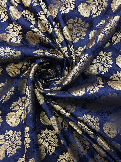 Indian Banarasi Brocade Fabric in Navy Blue and Gold Color, Multiple lengths will come in the continuous piece - NF60